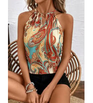 Kadın Kolsuz Boyundan Hakla Detaylı Leopar Süprem Bluz