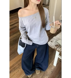 Kadın Düşük Omuz Kayık Yaka Oversize Uzun Kollu T-Shirt