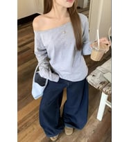Kadın Düşük Omuz Kayık Yaka Oversize Uzun Kollu T-Shirt