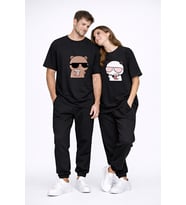 Sevgili Çift Tişört Panda Karakter Baskılı Partner Kombini Oversize Unisex Stil (Siyah)