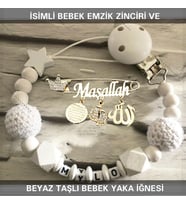 İsimli Bebek Emzik Zinciri ve Beyaz Taşlı Bebek Yaka İğnesi