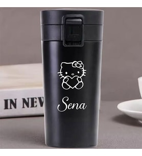 Kişiye Özel Paslanmaz Çelik 380 ml Vakumlu Hello Kitty Baskılı Termos - Isı Yalıtımlı, Sızdırmaz Kapak (Siyah)