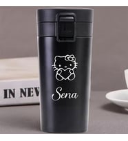 Kişiye Özel Paslanmaz Çelik 380 ml Vakumlu Hello Kitty Baskılı Termos - Isı Yalıtımlı, Sızdırmaz Kapak (Siyah)