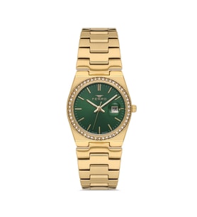 Ferro FL21596AWT-B6 Quartz Çelik Altın Rengi Yeşil Kadran 30 mm Kadın Kol Saati