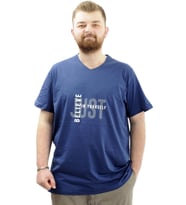 Mode XL Büyük Beden Erkek T-Shirt V Yaka Baskılı BELIEVE U24054 İndigo