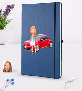 BK Gift Kişiye Özel Plakalı Kadın Volkswagen Beetle Karikatürlü Lacivert Termo Deri Defter 16x24cm Model 1