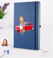 BK Gift Kişiye Özel Plakalı Kadın Volkswagen Beetle Karikatürlü Lacivert Termo Deri Defter 16x24cm Model 1