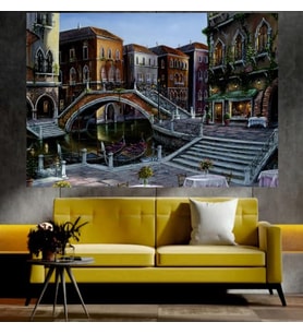 Evler ve Köprü Manzaralı Sanatsal Dekoratif Duvar Tablosu (70x100 cm)