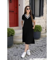 Kadın Kısa Kollu V Yaka Kol Ve Yaka Ribana Detay Midi Boy Viskon Elbise