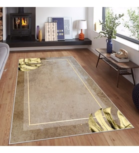 Kahverengi Zemin Gold Şerit Desen Yıkanabilir Kaymaz Taban Leke Tutmaz Modern Salon Halısı ve Yolluk (Açık Kahverengi)