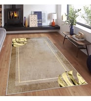 Kahverengi Zemin Gold Şerit Desen Yıkanabilir Kaymaz Taban Leke Tutmaz Modern Salon Halısı ve Yolluk (Açık Kahverengi)
