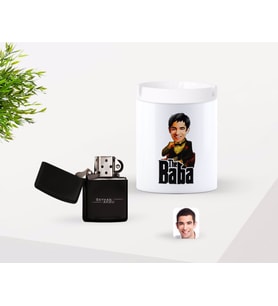 BK Gift Kişiye Özel Babalar Günü Hediyesi Godfather Baba Karikatürlü Seramik Kül Tablası ve Benzinli Çakmak Seti-3 (Model 1)