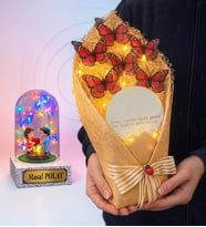 Kişiye Özel Renkli Işıklı Fanus ve Aynalı Led Işıklı Kırmızı Kelebek Buketi – Romantik Hediye Seti (Model 2)