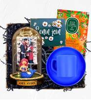İsimli Fotoğraflı ve Işıklı Fanus & Mavi Kahve Fincanı  Kişiye Özel Premium Set (Model 2)