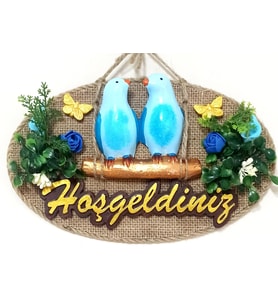Mavi Kuşlu Hoşgeldiniz Yazılı Kapı Süsü