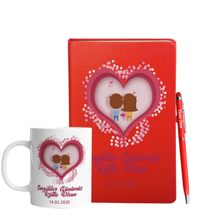Sevgililer Gününe Özel Kırmızı Defter Kalem & Kupa Hediye Seti 34