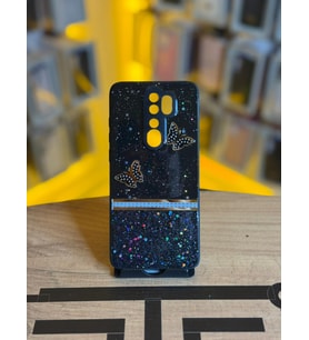 Redmi Note 8 Pro Uyumlu Kelebek Figürlü Simli Parlak Telefon Kılıfı (Siyah)