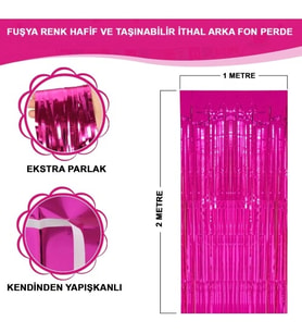 Ekstra Metalize Parlak Saçaklı Arka Fon Perde Fuşya