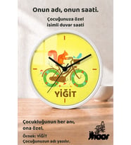 İsme Özel Bisikletli Sincap Çocuk Odası Duvar Saati Orta Boy 30 cm Beyaz Camlı Sessiz