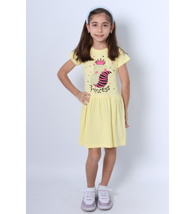 KIZ ÇOCUK ELBİSE FIRFIRLI KEDİCİK BASKILI A18 (Sarı)