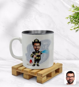 BK Gift Kişiye Özel İtfaiyeci Karikatürlü İçi Siyah Renkli Kupa Bardak Model 1