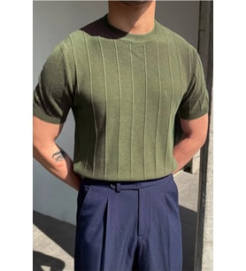 Erkek Slim Dar Bisiklet Yaka Düz Triko T-Shirt