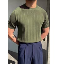 Erkek Slim Dar Bisiklet Yaka Düz Triko T-Shirt