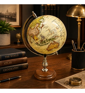 Dekoratif Dünya Küresi Ahşap Tabanlı Gold Detaylı Vintage Masaüstü Globe