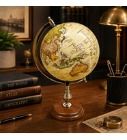 Dekoratif Dünya Küresi Ahşap Tabanlı Gold Detaylı Vintage Masaüstü Globe