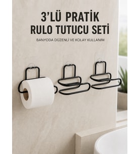 3’lü Yapışkanlı Tuvalet Kağıdı Tutucu Seti Siyah Duvar Tipi Rulo Kağıtlık