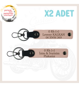 Yavruağzı, Biker Tarzına Özel, İsim Plaka ve 0 Rh (+) Yazılı Anlamlı Hediye, Deri x2 Anahtarlık Set