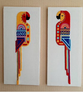 Mi-Knitting, 2li set pano, 2 parça Geometrik Desen Kuşlu Panolar, Punch Nakışı, Elişi