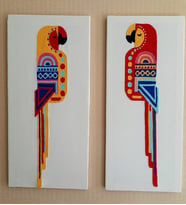 Mi-Knitting, 2li set pano, 2 parça Geometrik Desen Kuşlu Panolar, Punch Nakışı, Elişi