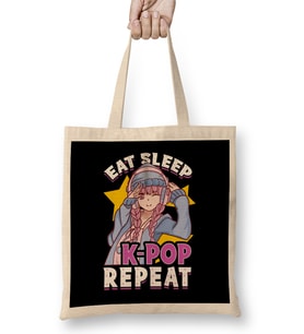 Cute & Funny Eat Sleep K-Pop Repeat Korean Music Bez Çanta Uzun Saplı