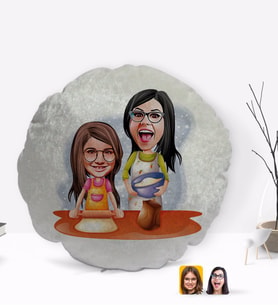 BK Gift Kişiye Özel Anne Kız Karikatürlü Yuvarlak Dekoratif Kırlent Yastık-2
