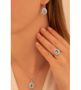 Kadın Gümüş Set - Damla Model Mavi Topaz Taşlı Baget Süslemeli Rodyumlu Kadın Set