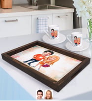BK Gift Kişiye Özel Sevgililer Karikatürlü Doğal Ahşap Tepsi ve 2’li Kahve Fincan Seti-54