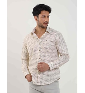 Bej Erkek Slim Fit Kareli Brent Yaka Uzun Kol Gömlek