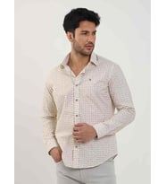 Bej Erkek Slim Fit Kareli Brent Yaka Uzun Kol Gömlek