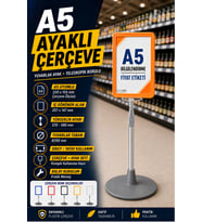A5 Ayaklı Menü ve Fiyat Bilgi Standı Yuvarlak Tabanlı Teleskopik Çerçeve Etiketlik Turuncu