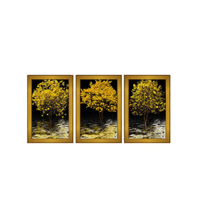 Sarı Yapraklı Ağaçlar Temalı 3 lü Kanvas Tablo Seti 150 x 70 cm Gold Çerçeve