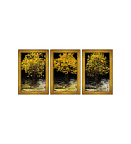 Sarı Yapraklı Ağaçlar Temalı 3 lü Kanvas Tablo Seti 150 x 70 cm Gold Çerçeve