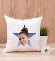 Kişiye Özel Mavi Yıldız Kafa Fotoğraflı Kare Yastık ve Fincan