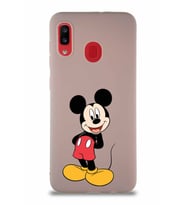 Samsung Galaxy A20 Soft Premier Kapak Mickey Mouse-B Tasarımlı Silikon Kılıf - Pudra (Şeffaf)