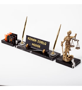 Themis Heykelli 3lü Mermer İsimlik Seti Avukat Ofis Masa İsimliği