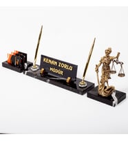Themis Heykelli 3lü Mermer İsimlik Seti Avukat Ofis Masa İsimliği