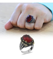 Faset Kırmızı Zirkon Taşlı Otantik Tasarım 925 Ayar Gümüş Erkek Yüzük (Kırmızı - Açık Gri)