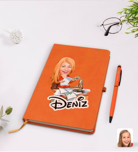 BK Gift Kişiye Özel Kadın Patron Karikatürlü Turuncu Termo Deri Defter Kalem Seti Model 6
