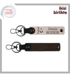 Sevgiline Milli Temalı Kalıcı Armağan Ayyıldız Ve Türkiye İsme Özel Deri Anahtarlık Set, Pudra-Kahve