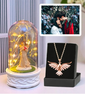 Kişiye Özel Fotoğraflı Premium Set - Led Işıklı Biblolu Fanus ve Zümrüdü Anka Kuşu Kolyesi (Model 2)